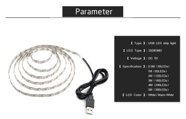 USB Power 3m Length White LED Light Desk Decor Lamp for TV - Image 9
